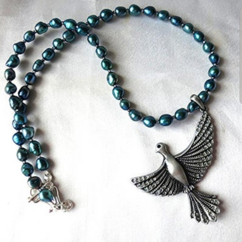 Handmade blue & silver bird of paradise necklace